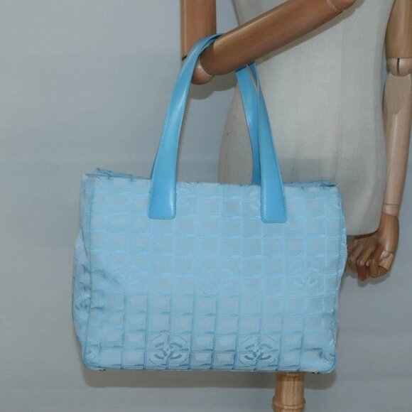 CHANEL New travel line Tote Bag Nylon Light Blue Silver CC Auth 135449 - Picture 1 of 16